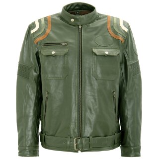 King Kerosin Biker Leather Jacket - Racer Stripes Olive XL