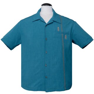 Steady Clothing Vintage Bowling Shirt - Tiki Retro Stitch Turquoise S